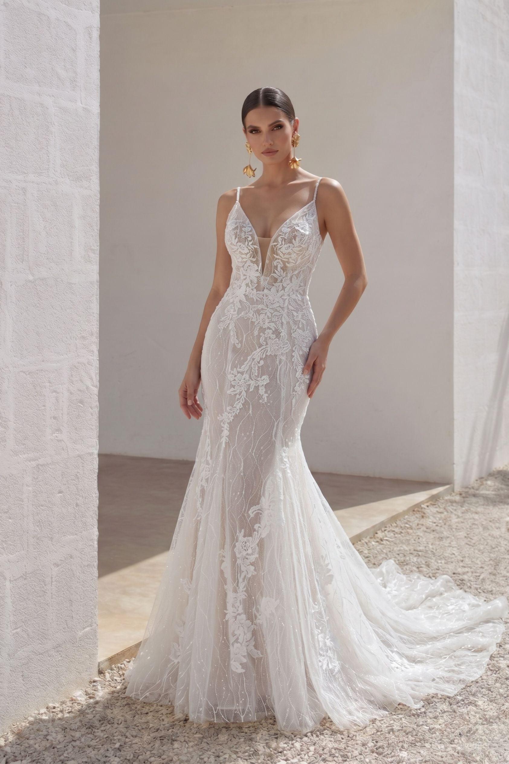 Trumpet-Mermaid Chapel Train Lace Tulle Wedding Dress CW3206 - 45 Days / As Picture:Ivory/Nude / US0-UK2-EUR30 - COCOMELODY